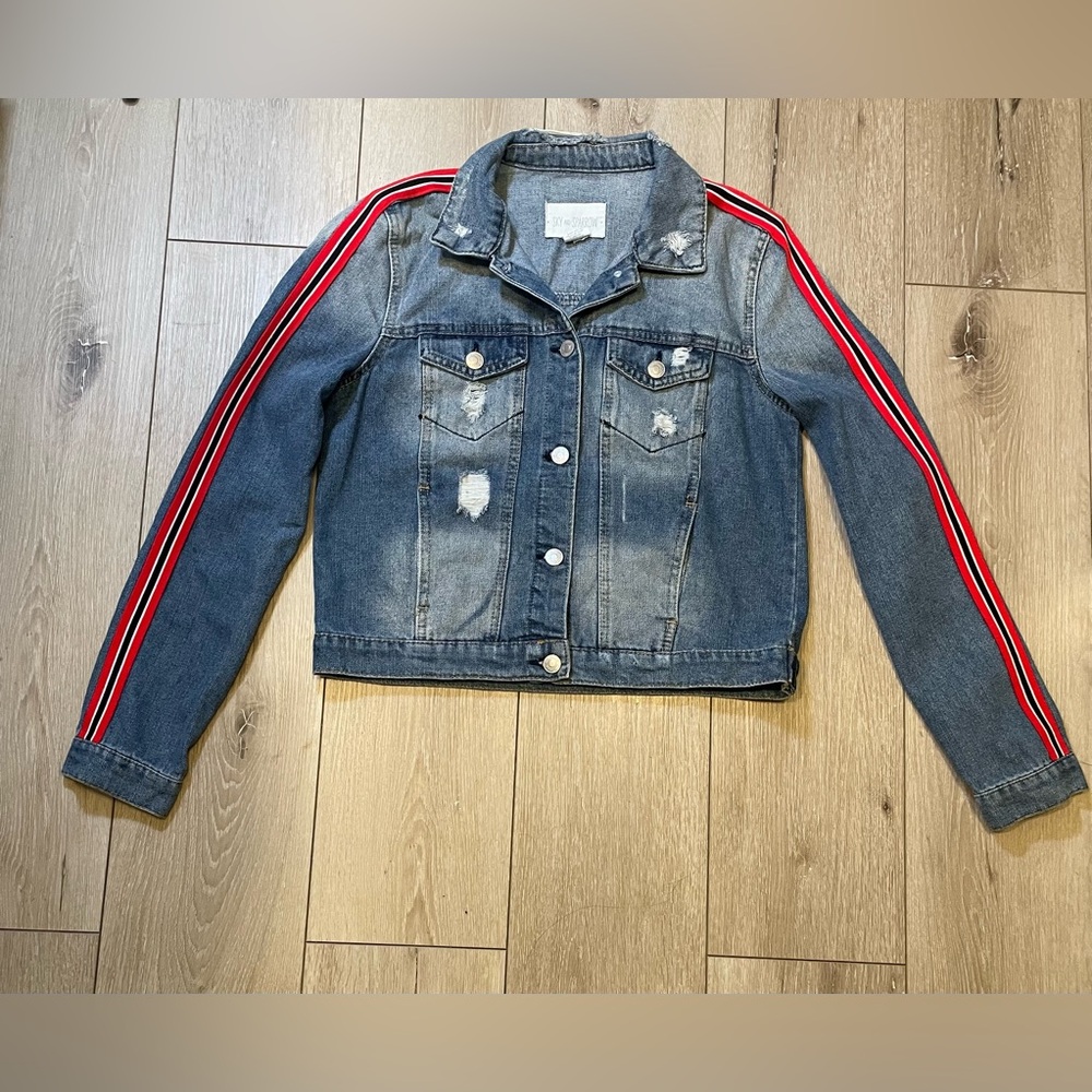 Trendy Sky & Sparrow Distressed Racer‎ Stripe Denim Jacket M Streetwear